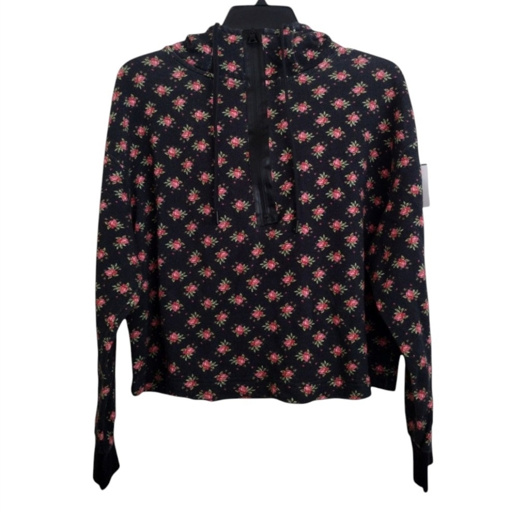 Alice + Olivia Quinlan Floral Black Half Zip Cropped Hoodie Size Large